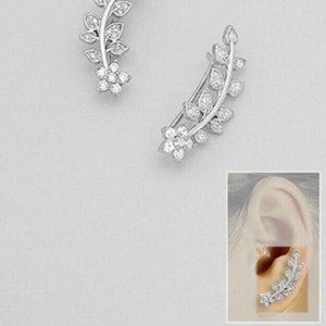 925 Sterling Silver Leaf Ear Pins Decorated with CZ's by Gwen